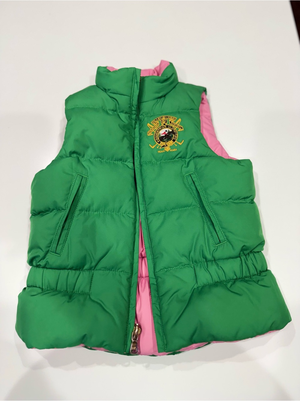 Ralph Lauren Green & Pink Puffer Vest with Embroidered Crest